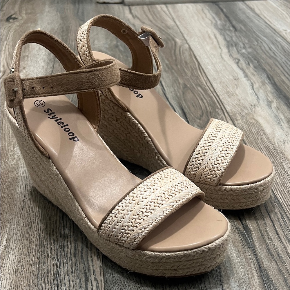 Cream and Tan Wedge Sandals